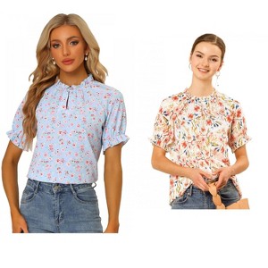 Allegra K Women's Short Sleeve Ruffled Floral Mock Neck Summer Top 2 Pcs - 1 of 4