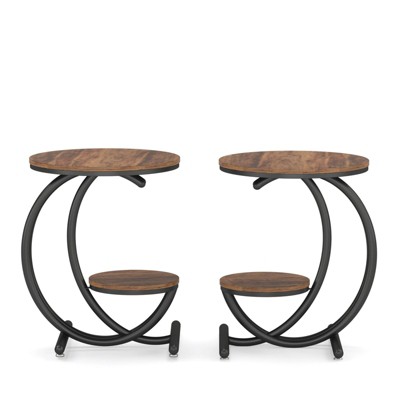 SEVOBAL End Tables Round Two Tier Accent Table with Geometric Frame and Storage Shelf for Living Room Bedroom , Brown Black, 23.62"*26.77"*5.51"