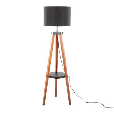 Walnut Wood Black Linen Tripod Floor Lamp with Shelf