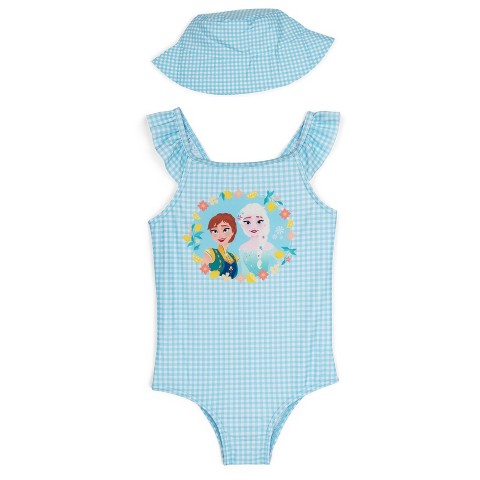 Disney Frozen Little Girls Square Neck Racerback One Piece Bathing Suit and Bucket Sun Hat UPF 50+ Swim Set Gingham Aqua Blue 6