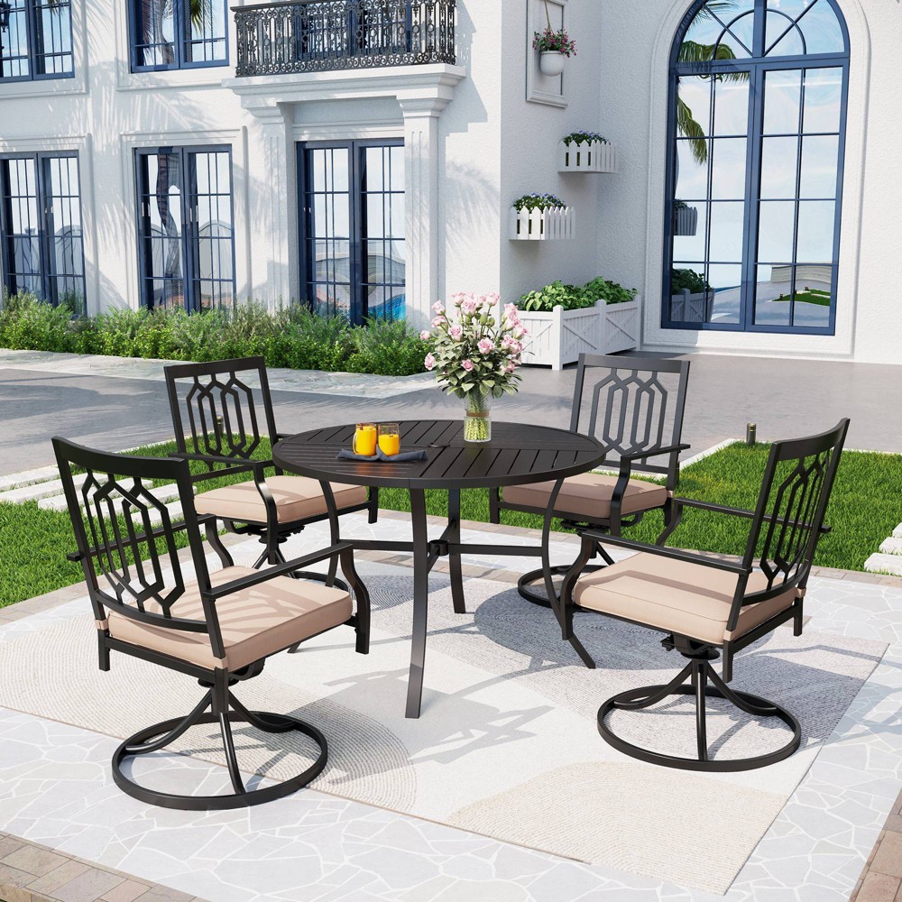 Photos - Dining Table 5pc Outdoor Dining Set with Stackable Swivel Chairs with Cushions Round Me
