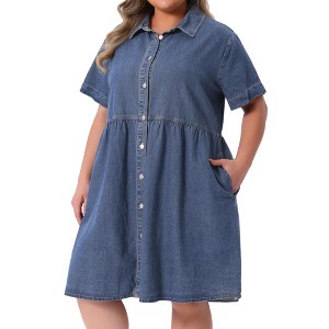 Agnes Orinda Women's Plus Size Denim Babydoll Tiered Short Sleeve Button Down Jean Shirt Dresses - 1 of 4