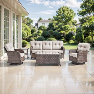 Belord 5 Pieces Patio Furniture Set with 5" Thick Cushions, Wicker Patio Set with Swivel Gliding Rocker Chairs, Sofa, Coffee Table and Accent Table - 1 of 4