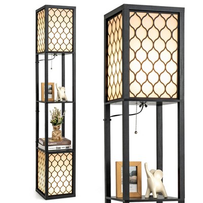 Tangkula Modern Shelf Floor Lamp, Freestanding Double Lamp w/ 2-Tier Wood Shelf & White Lampshade, E26 Bulb Base, Pull Chain & Foot Switch
