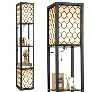 Tangkula Modern Shelf Floor Lamp, Freestanding Double Lamp w/ 2-Tier Wood Shelf & White Lampshade, E26 Bulb Base, Pull Chain & Foot Switch - 1 of 4
