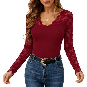 Women's Lace Trim Blouse Long Sleeve V-Neck Fitted Top with Floral Detail for Romantic - 1 of 4