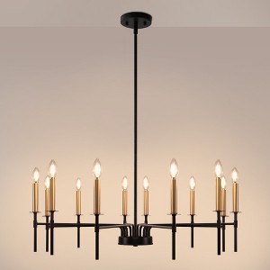 DORESshop Modern 12-Light Black and Gold Pendant Chandelier – E12 Socket Hanging Ceiling Light for Dining Room, Foyer or Stairwell - 1 of 4