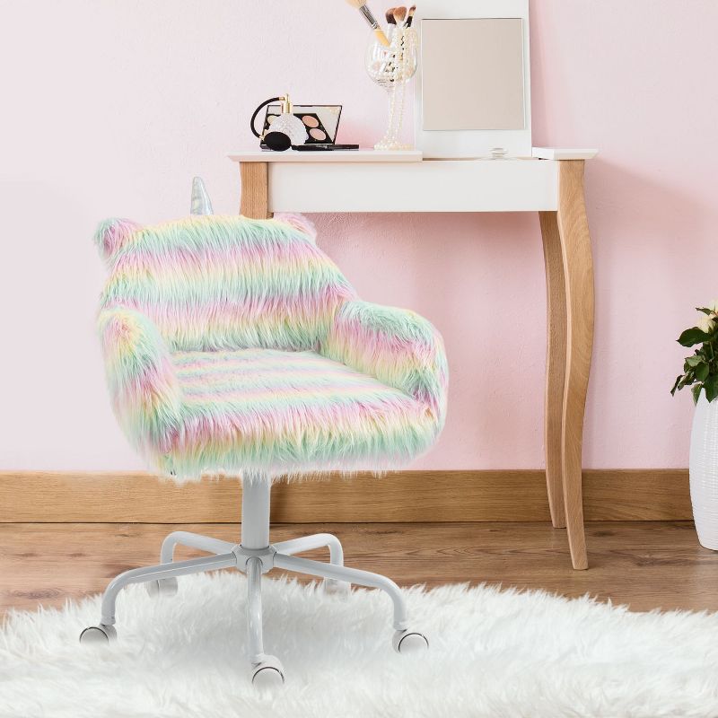 Cute Fluffy Unicorn Office Chair with Mid-Back and Armrest Support, 5 Star Swivel Wheel Girls Study Table, Adjustable Swivel Chair-The Pop Home, 5 of 8