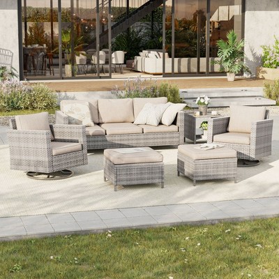 Sonkuki Outdoor 6-Piece Wicker Patio Conversation Set with 2 Rattan Swivel Rocking Chairs, Side Table, Ottoman and Navy Blue Cushion