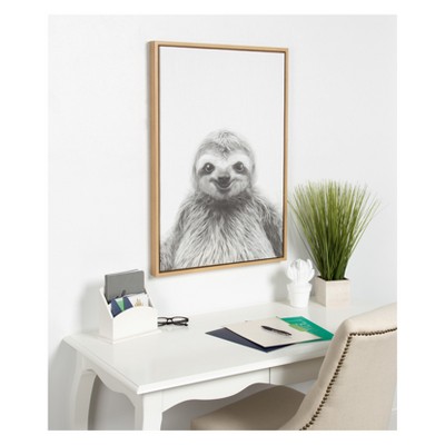 Natural Wood Framed Black and White Sloth Canvas Print