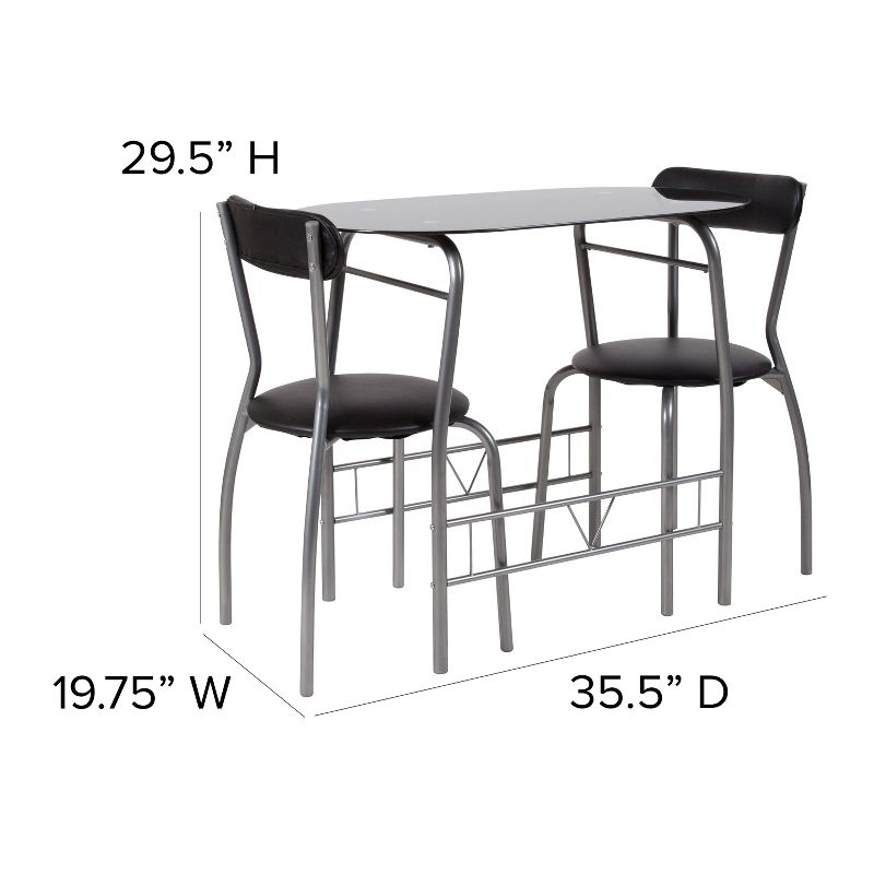 Emma and Oliver 3 Piece Black Glass Space-Saver Bistro Set with Padded Chairs, 3 of 5
