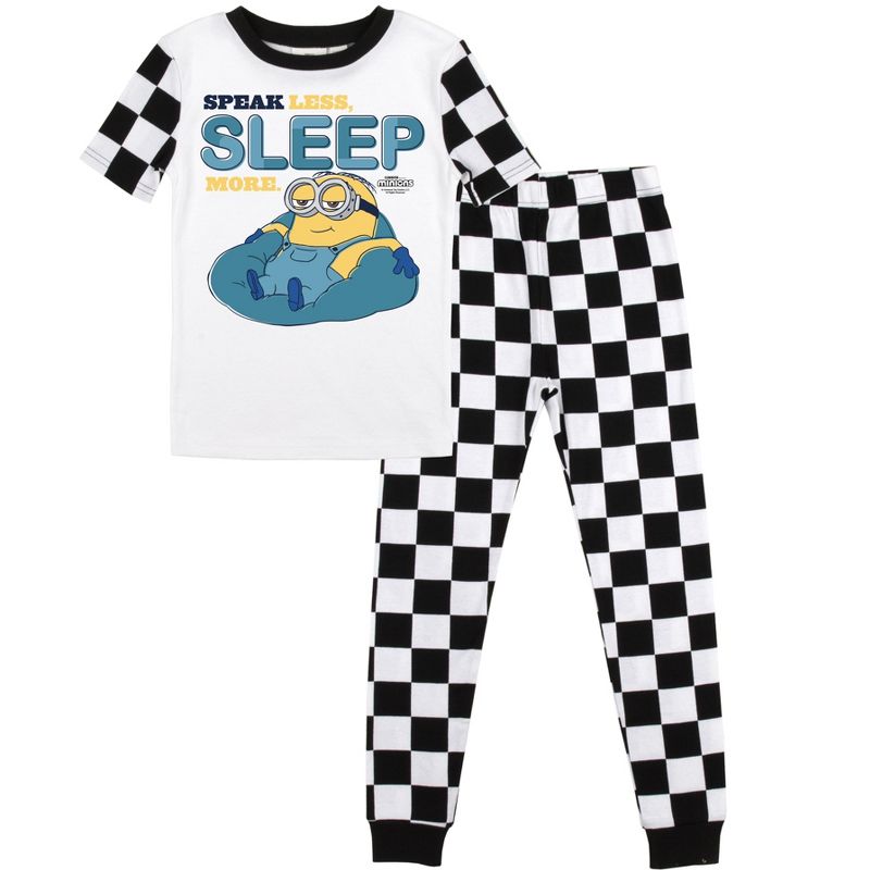 Minions Speak Less Sleep More Youth Short Sleeve Shirt & Checkerboard Sleep Pajama Pants Set, 1 of 5