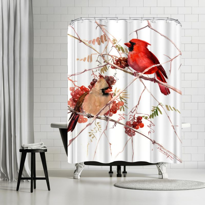 Americanflat 71" x 74" Shower Curtain, Caridnal Birds by Suren Nersisyan, 1 of 9
