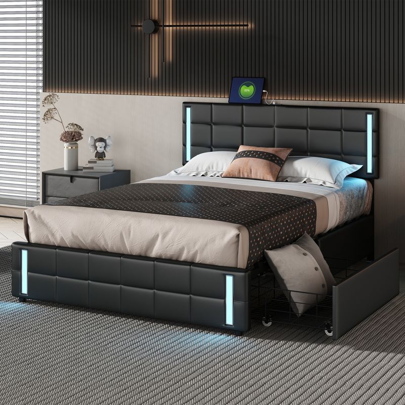Queen Size PU Upholstered Platform Bed with LED Lights and USB Charging, Storage Bed with 4 Drawers - ModernLuxe, 1 of 13
