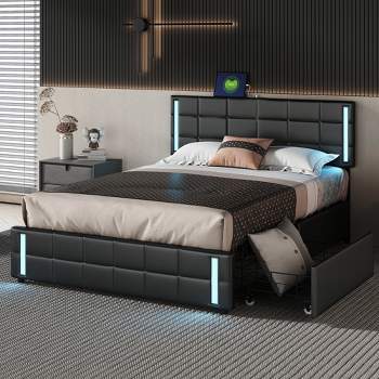Queen Size PU Upholstered Platform Bed with LED Lights and USB Charging, Storage Bed with 4 Drawers - ModernLuxe