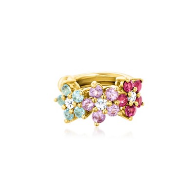 Ross-Simons 0.40 ct. t.w. Multi-Gemstone Floral Single Ear Cuff With .11 ct. t.w. Lab-Grown Diamonds in 18kt Gold Over Sterling