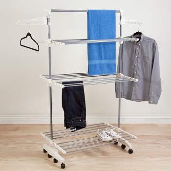 Heavy Duty 3 Tier Laundry Rack- Stainless Steel Clothing Shelf for Indoor/Outdoor Use with Tall Bar Best Used for Shirts Towels Shoes- Everyday Home