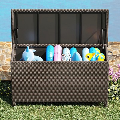 150 Gallon Large Deck Box, Built-In Handles Patio Storage Box for Storage With 2 Wheels & Metal Support Frame