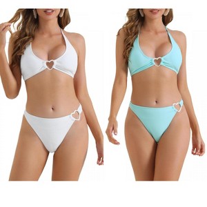 INSPIRE CHIC Women's Ribbed Textured Halter Cute Heart Ring Triangle Bottoms Swimwear Bathing Bikini Suits 2 Sets - 1 of 4