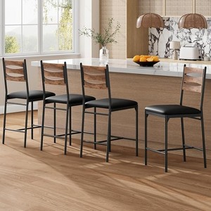 Bar Stools Set of 4, Barstools, Faux Leather Upholstered Bar Chair Wooden with Back & Footrest & Thick Cushion, Counter Height Bar Stools - 1 of 4