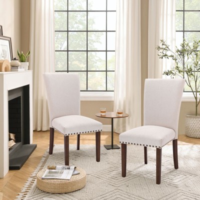 Set of 2 PU Leather Parsons Dining Chairs with Nailhead Trim and Wood Legs, Upholstered Kitchen Side Chairs for Dining Room