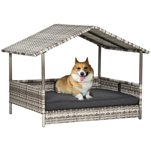 PawHut Wicker Dog Cave Bed with Adjustable Canopy Pet House Shelter for Small Dogs with Cushion Indoor Outdoor, Grey