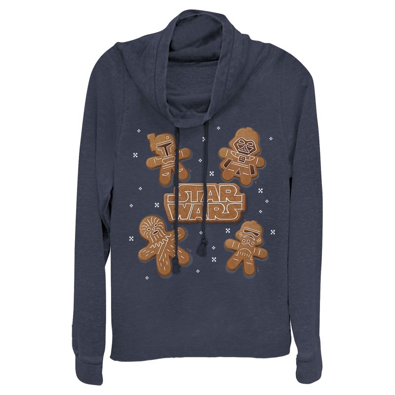 Juniors Womens Star Wars Christmas Gingerbread Characters Cowl Neck Sweatshirt, 1 of 4