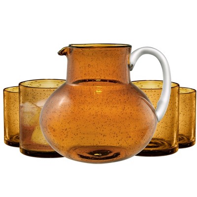 Artland Iris 90oz Hand Blown Pitcher & Set of 4 14oz DOF Glasses, Lead-Free Bubble Shape Glassware for Stylish Serving and Dining