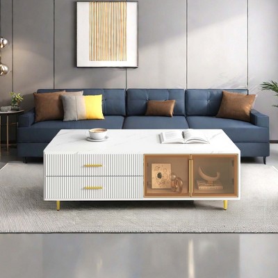 NicBex Modern Rectangle Coffee Table with 4 Drawers and Glass Doors for Living Room