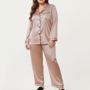 Anna-Kaci Lounge Women's PLus Size Satin Pajama Set with Long Sleeve Button Front Top and Relaxed Straight Leg Pants - 1 of 4