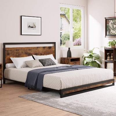Bed Frame with Wooden Headboard and Footboard, Includes Under-Bed Storage, No Box Spring Needed, Easy Assembly, Rustic Brown.