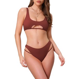 INSPIRE CHIC Women's Cutout Racerback Ribbed Bikini Sets, Scoop Neck Top Triangle Bottom Swimwear Bathing Suits 1 Set - 1 of 4