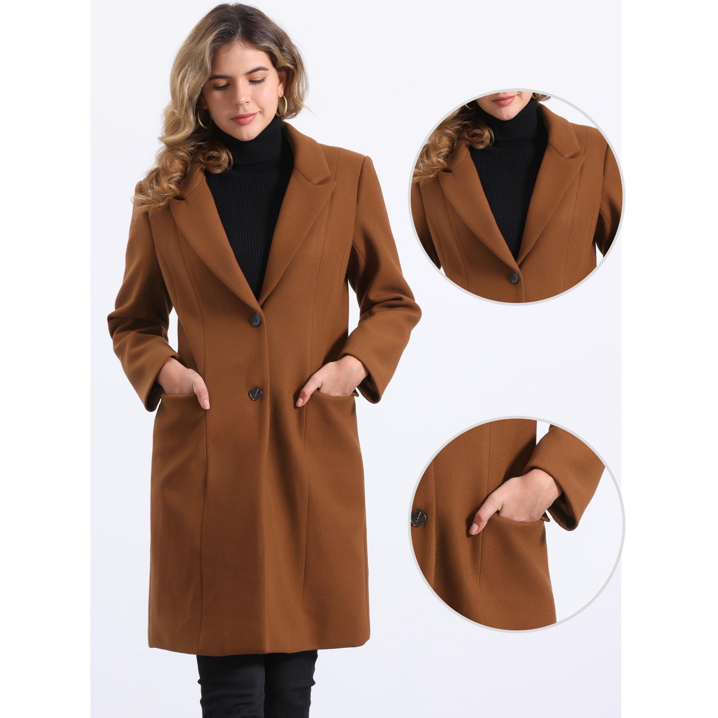Женская куртка Allegra K Winter Notch Lapel Mid-Long Single-Breasted Overcoat Pea Coats X-Small Brown, цвет: Коричневый — фото 2