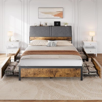 Upholstered Platform Bed with Storage & Charging: Ergonomic Headboard, Reinforced Metal Frame - No Box Spring, Noise-Free, Easy Assembly