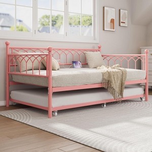 Twin Daybed with Trundle, Featuring Charging Station & LED Lights, Metal Frame Sofa Bed for Living Room, Bedroom, Guest Room. - 1 of 4
