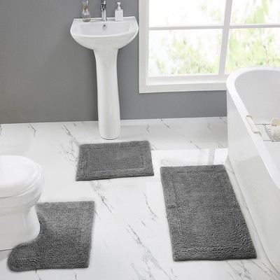 Gray Cotton Tufted Reversible 3-Piece Bath Rug Set