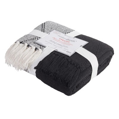 Chic Chester Black Cotton Fringe Throw Blanket, 50" x 60"