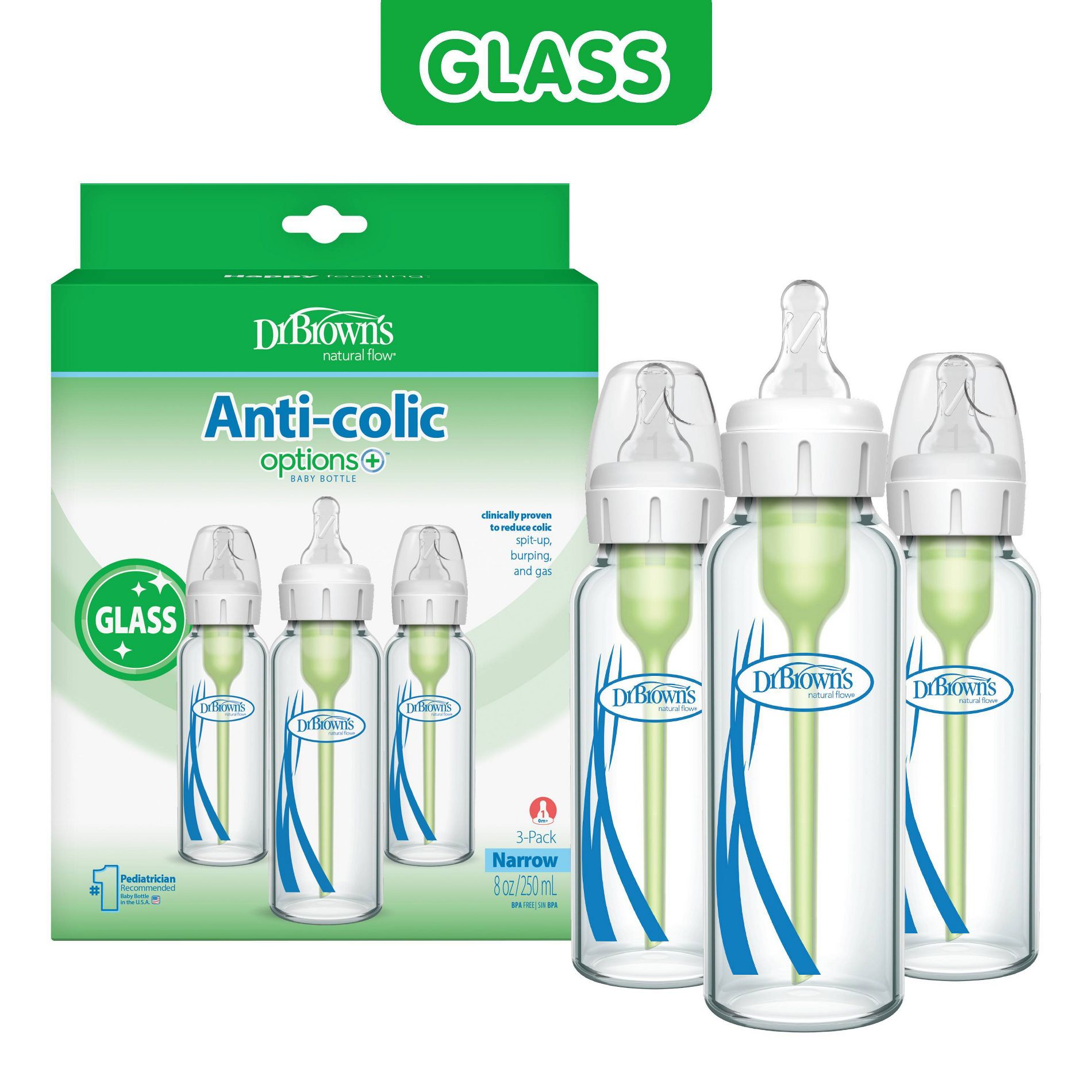 Dr. Brown's Anti-Colic Narrow Glass Options+ Baby Bottles - 8 fl oz/3pk