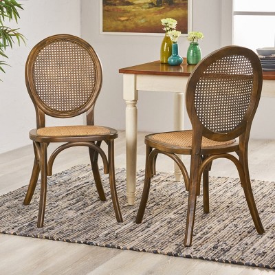Set of 2 Dining Chair with Elm Wood Frame, High Back Dining Chairs with Caned Seat and Rounded Backrest-Maison Boucle