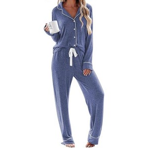 Ekouaer Women's Pajamas Long Sleeve Sleepwear Casual Button Down Loungewear Soft Pjs Set - 1 of 4
