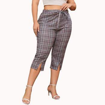 Womens Plus Size Capris with Belt Elastic High Waist Work Pants Dressy Pockets Business Casual Pants
