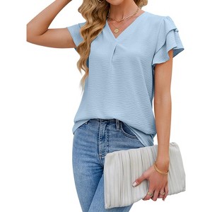 Womens Summer Casual Flutter Short Dressy Sleeve Shirts V Neck Work Blouse Business Tops - 1 of 4