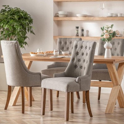 Set of 2 Wingback Upholstered Dining Chairs with Tufted Back and Wood Legs, Fabric Side Chairs for Kitchen or Living Room
