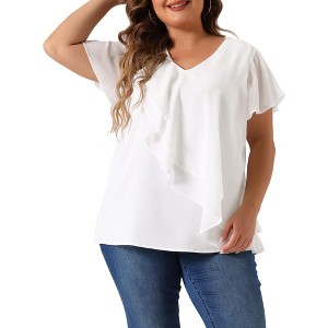 Agnes Orinda Women's Plus Size Top V Neck Flutter Sleeves Layered Chiffon Ruffle Elegant Blouses - 1 of 4