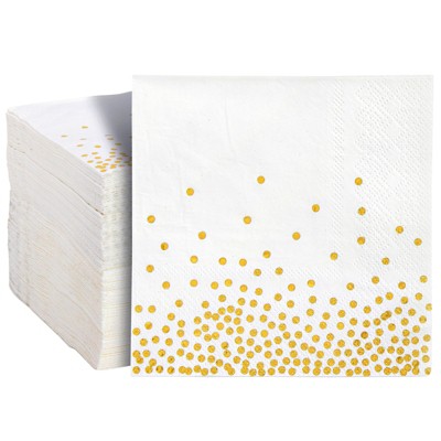 Blue Panda 100 Pack Disposable White and Gold Cocktail Napkins for Wedding Reception, Bridal Shower, 5 x 5 In, 3-Ply