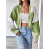 Womens Sweater Cardigan Long Sleeve Cropped Cardigan Color Block Open Front Sweater with Lantern Sleeve Trendy Sweaters - 3 of 4