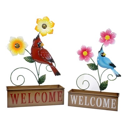 Home & Garden 23.0" Welcome Flower Planters Set / 2 Decor Cardinal Blue Bird Floral Direct Designs International  -  Planters