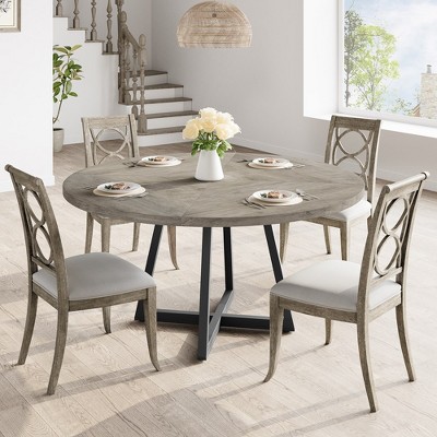 47-inch Round Large Dining Table, Wooden Kitchen Table for 4, Industrial Dinner Table with Wooden Top and Metal Base for Home Dining Room