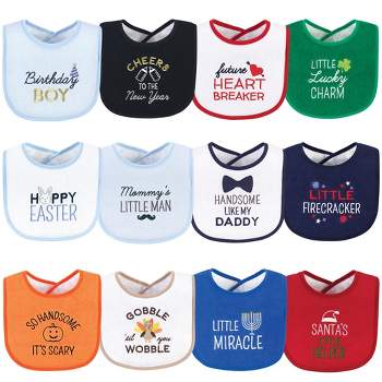 Hudson Baby Infant Boy Cotton Terry Drooler Bibs with Fiber Filling 12pk, Cute Boy Holiday Sayings, One Size