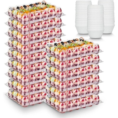 15 Sets Mini Cupcake Containers with 375 Liners, Stackable Plastic Cupcake Boxes Carrier Clear